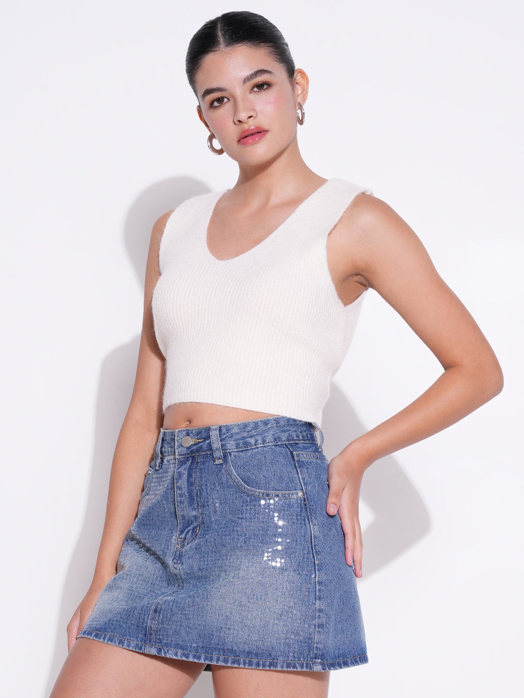 Women Cream Solid Crop Top