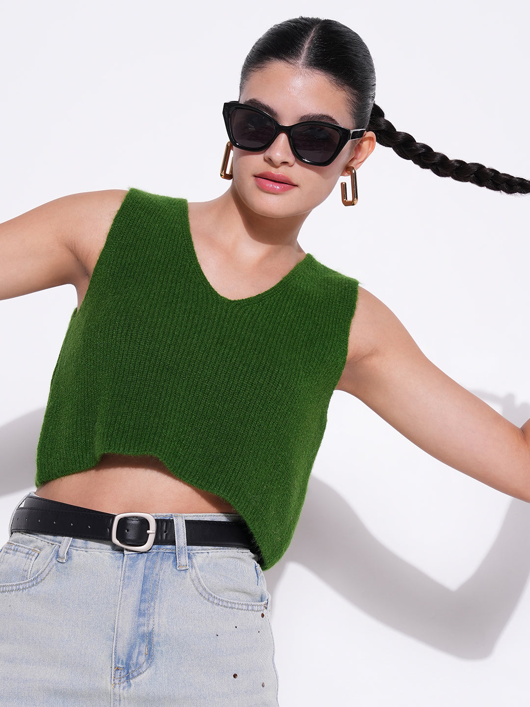 Women Green Solid Crop Top