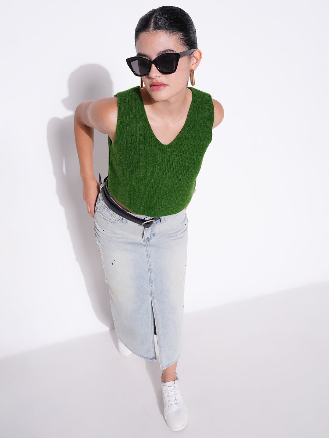 Women Green Solid Crop Top