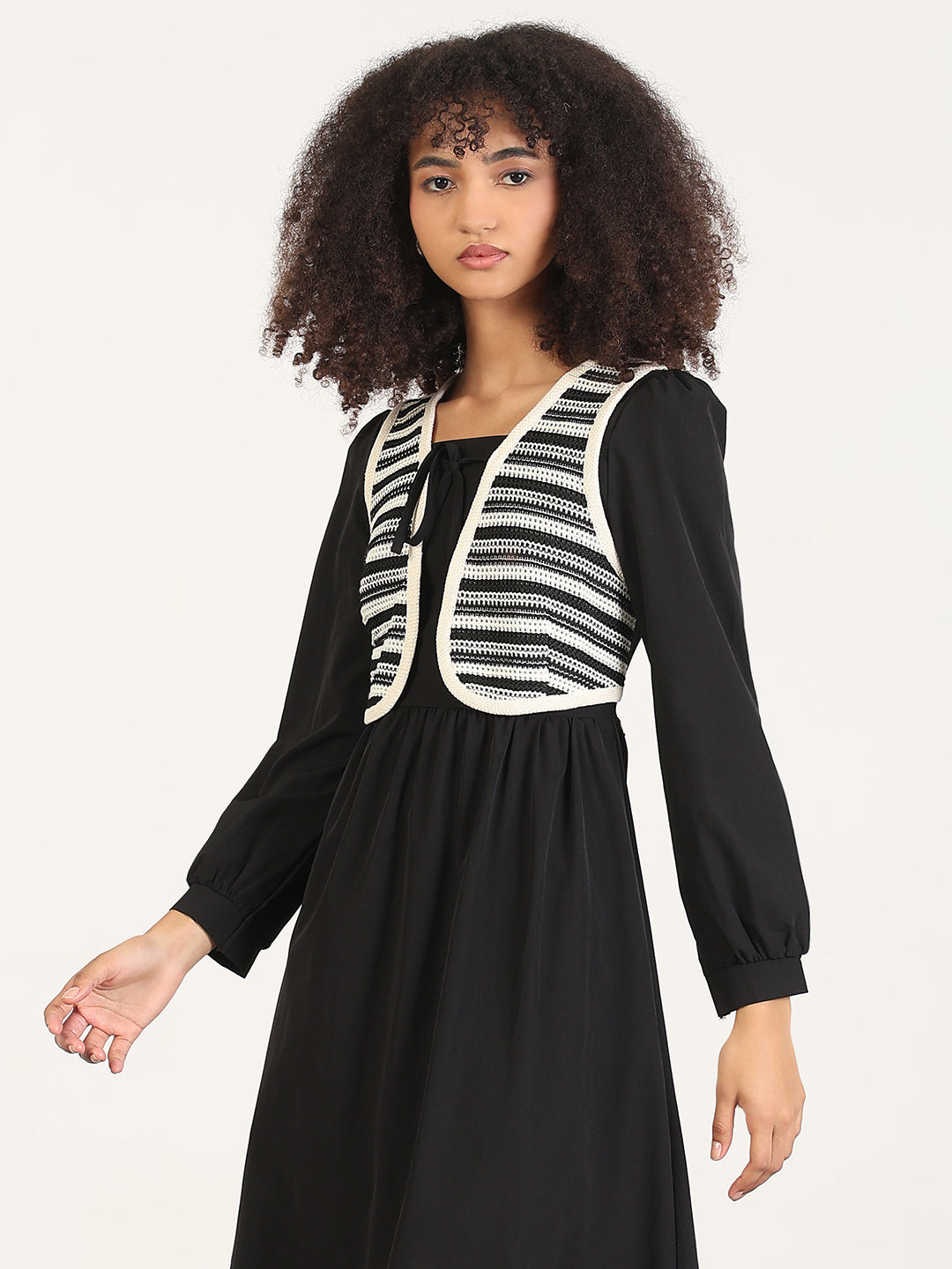 Women's Solid Black Fit and Flare Knee Length Dress with Attached Shrug