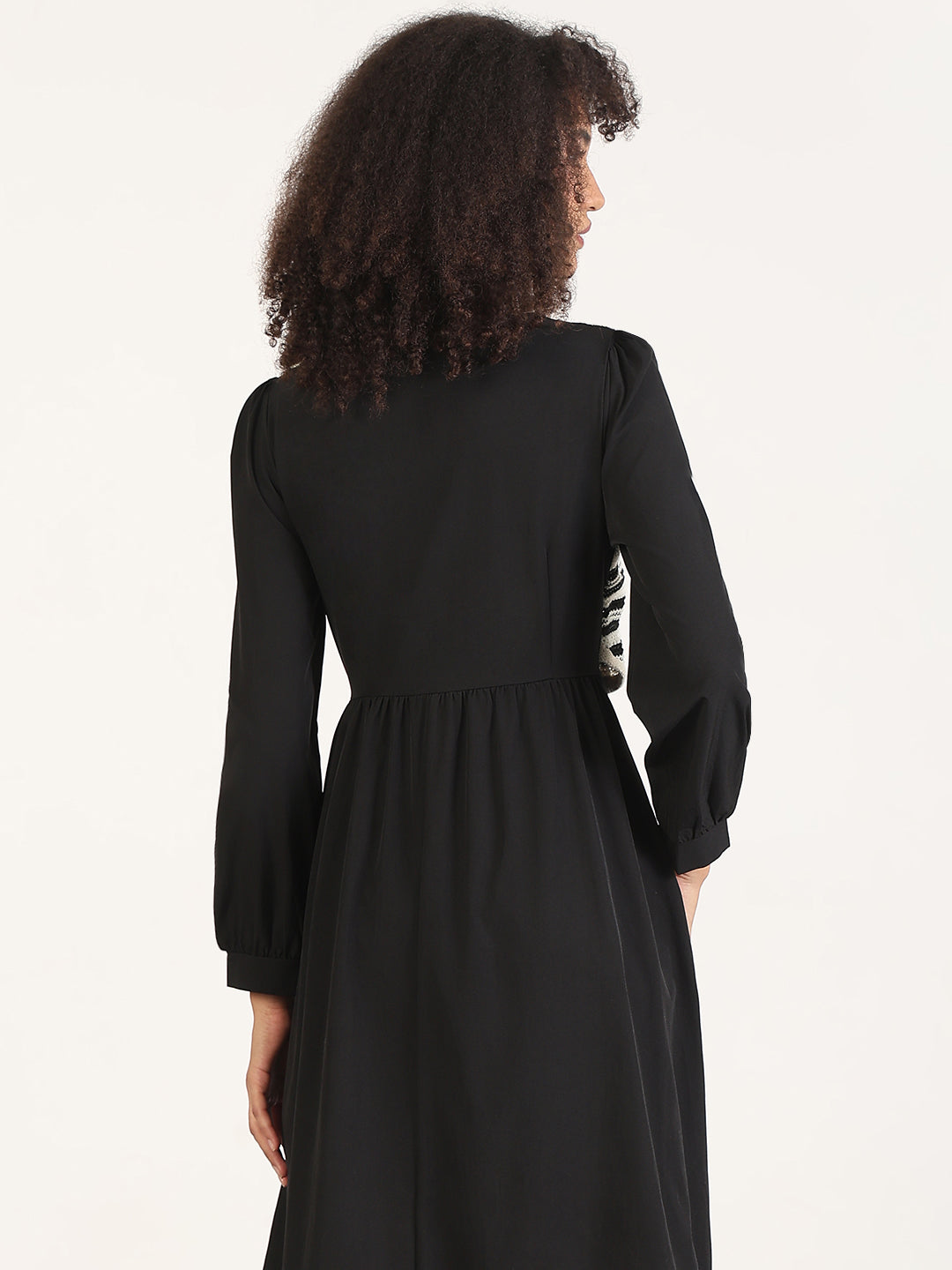 Women's Solid Black Fit and Flare Knee Length Dress with Attached Shrug