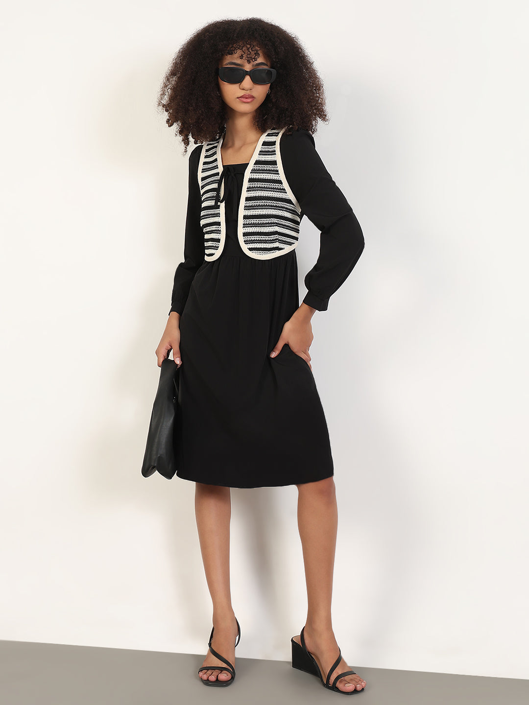 Women's Solid Black Fit and Flare Knee Length Dress with Attached Shrug