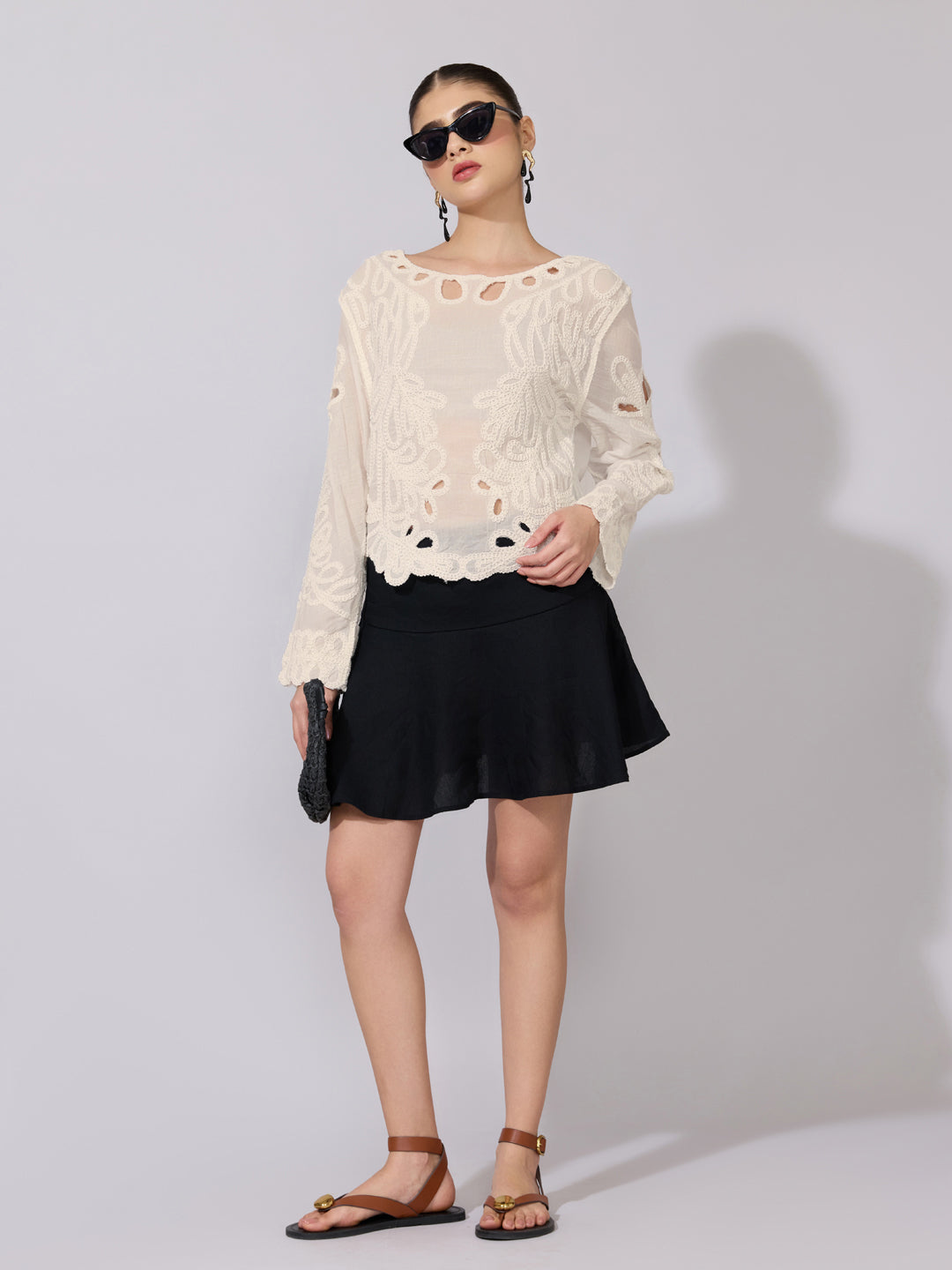 Women's Embroidered Cream Cut Out Crop Top