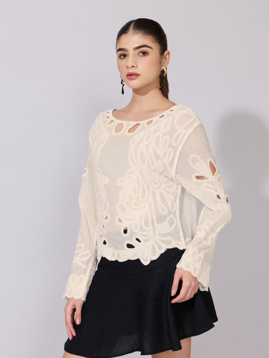 Women's Embroidered Cream Cut Out Crop Top