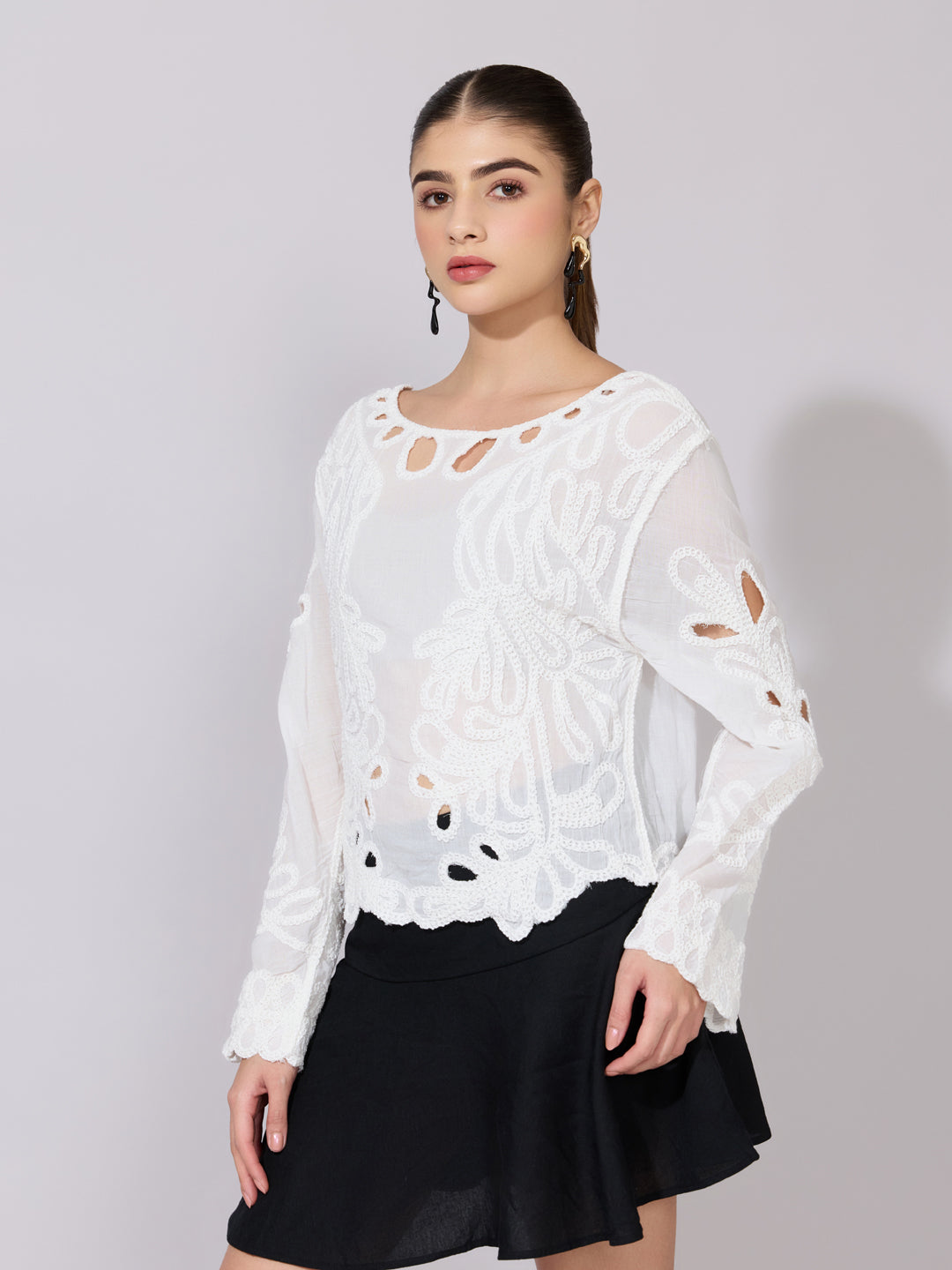 Women's Embroidered White Cutwork Lace Top