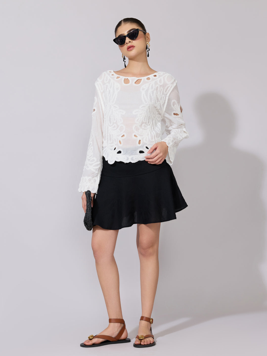 Women's Embroidered White Cutwork Lace Top