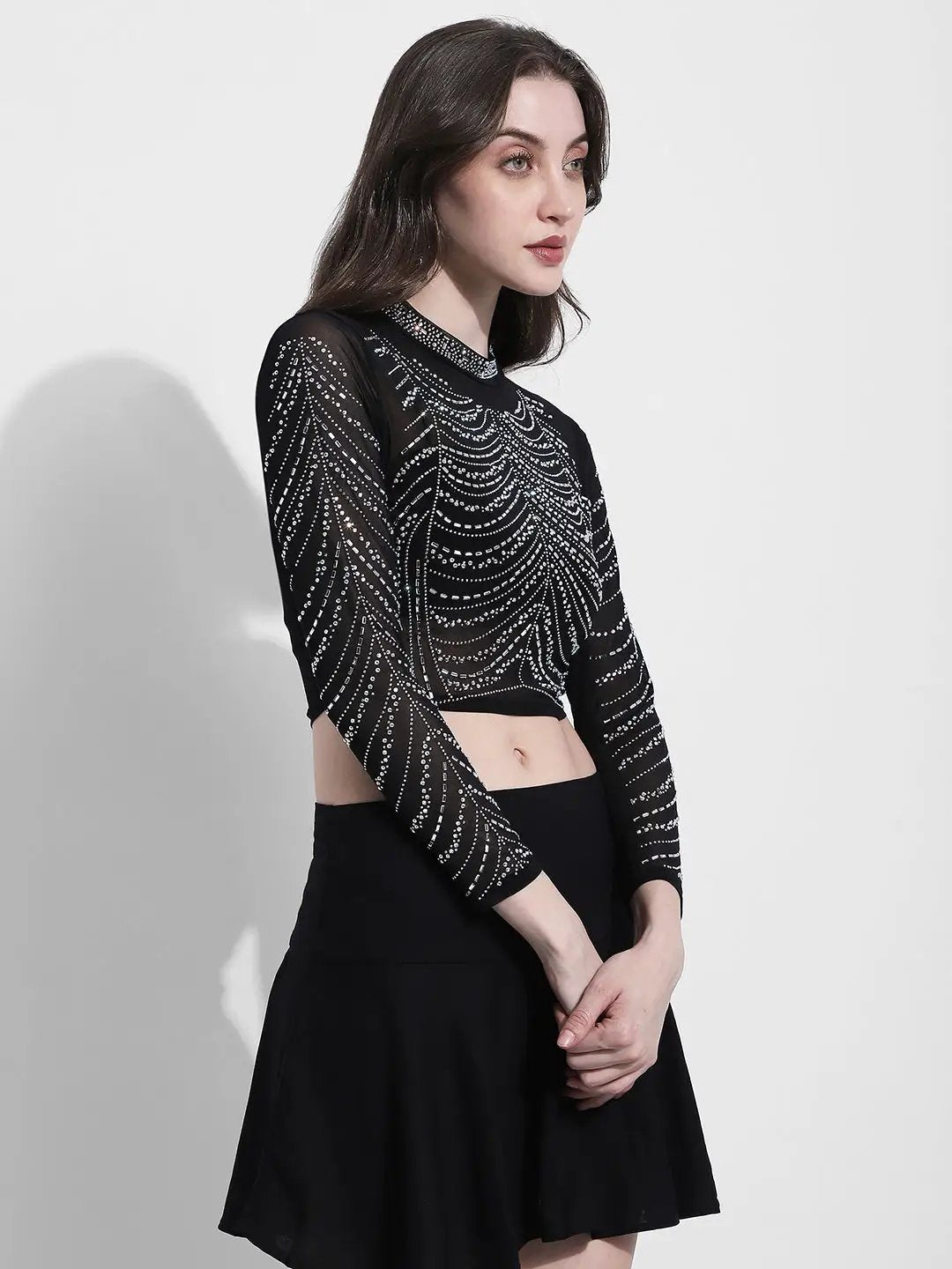 Women's Embellished Black Mesh Crop Top - from SHOWOFFFF