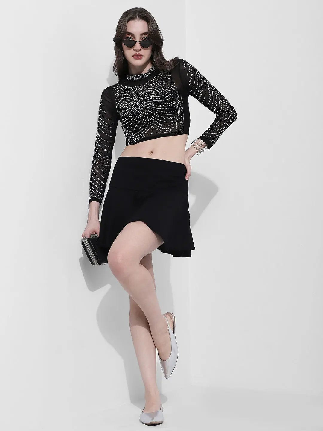 Women's Embellished Black Mesh Crop Top - from SHOWOFFFF
