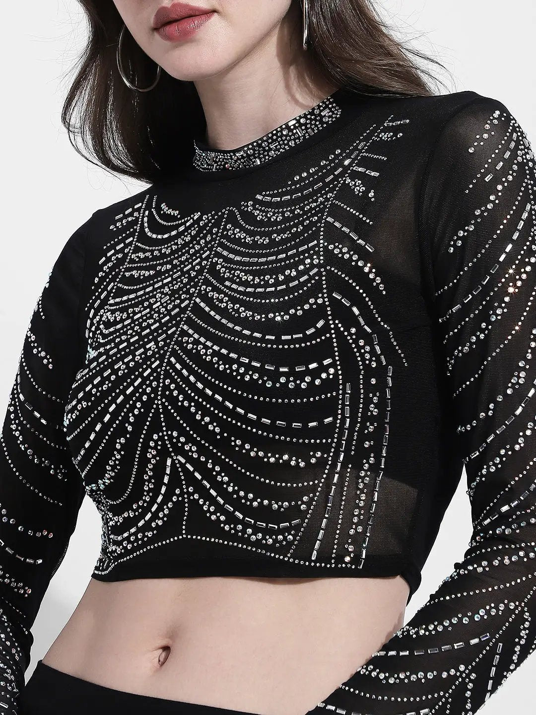 Women's Embellished Black Mesh Crop Top - from SHOWOFFFF