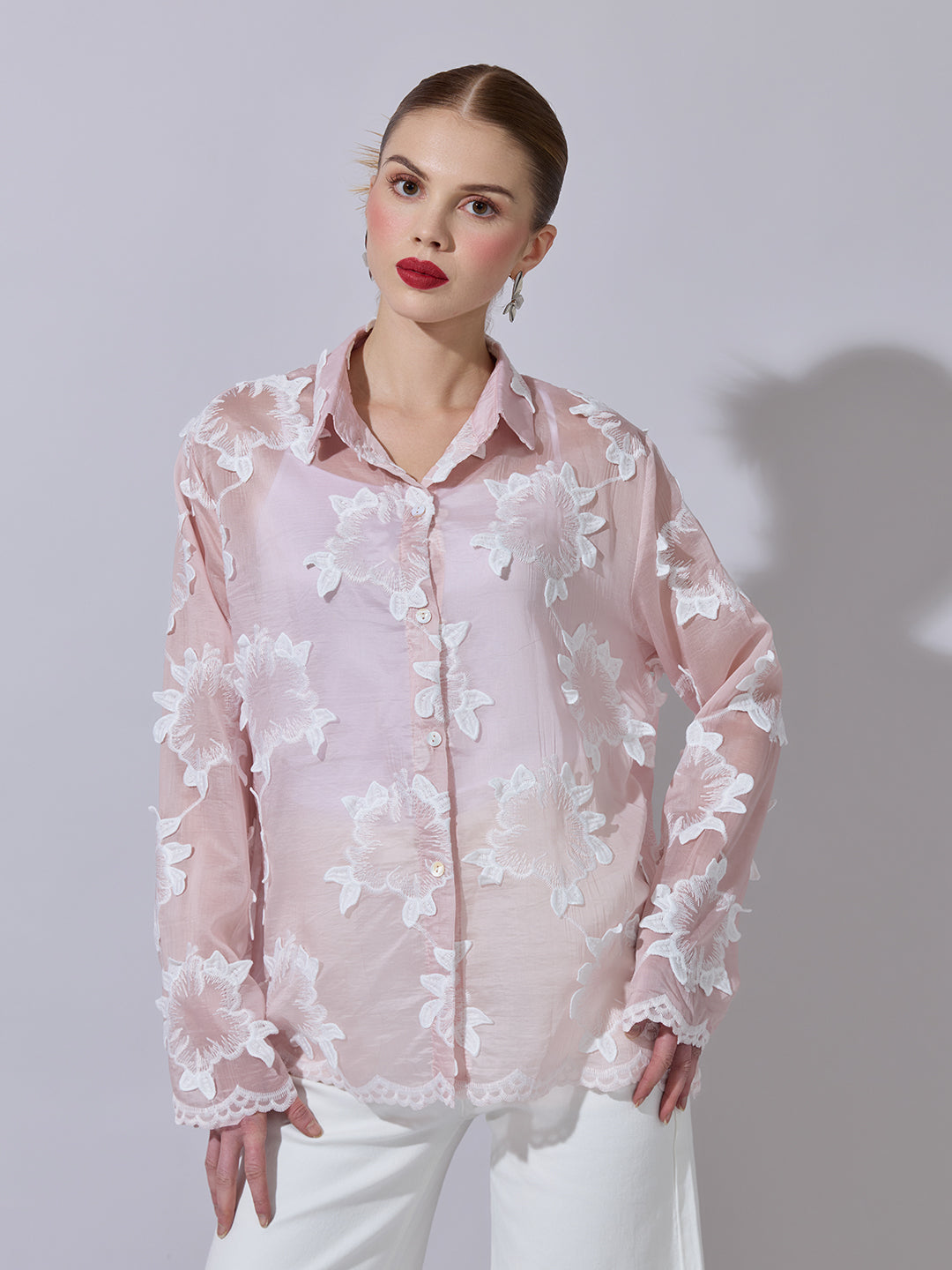 Women's Pink Shirt with Floral Applique Detail