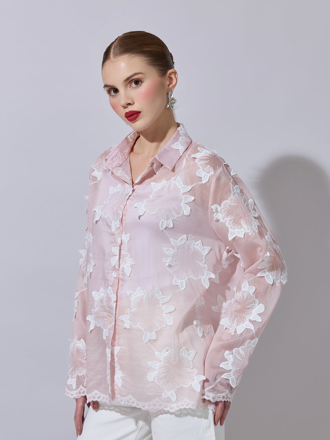 Women's Pink Shirt with Floral Applique Detail