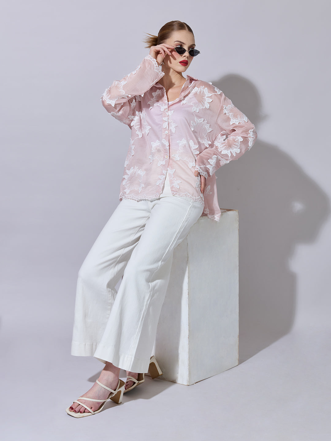 Women's Pink Shirt with Floral Applique Detail