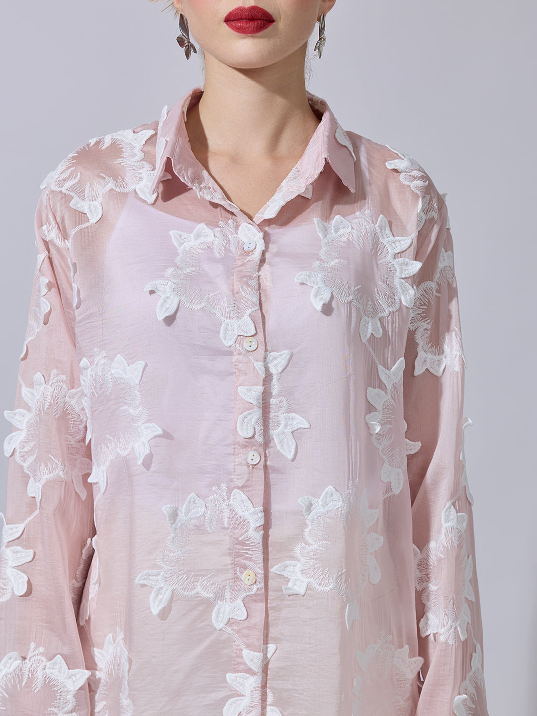 Women's Pink Shirt with Floral Applique Detail