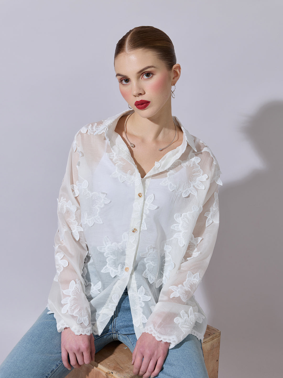 Women's Textured White Embroidered Shirt