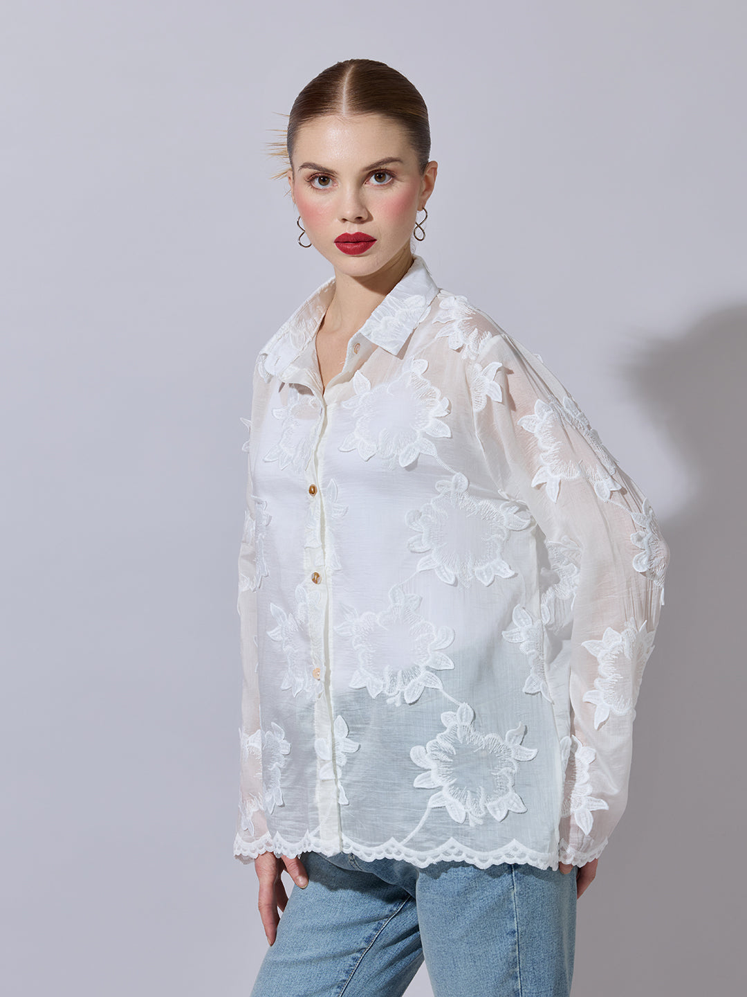 Women's Textured White Embroidered Shirt