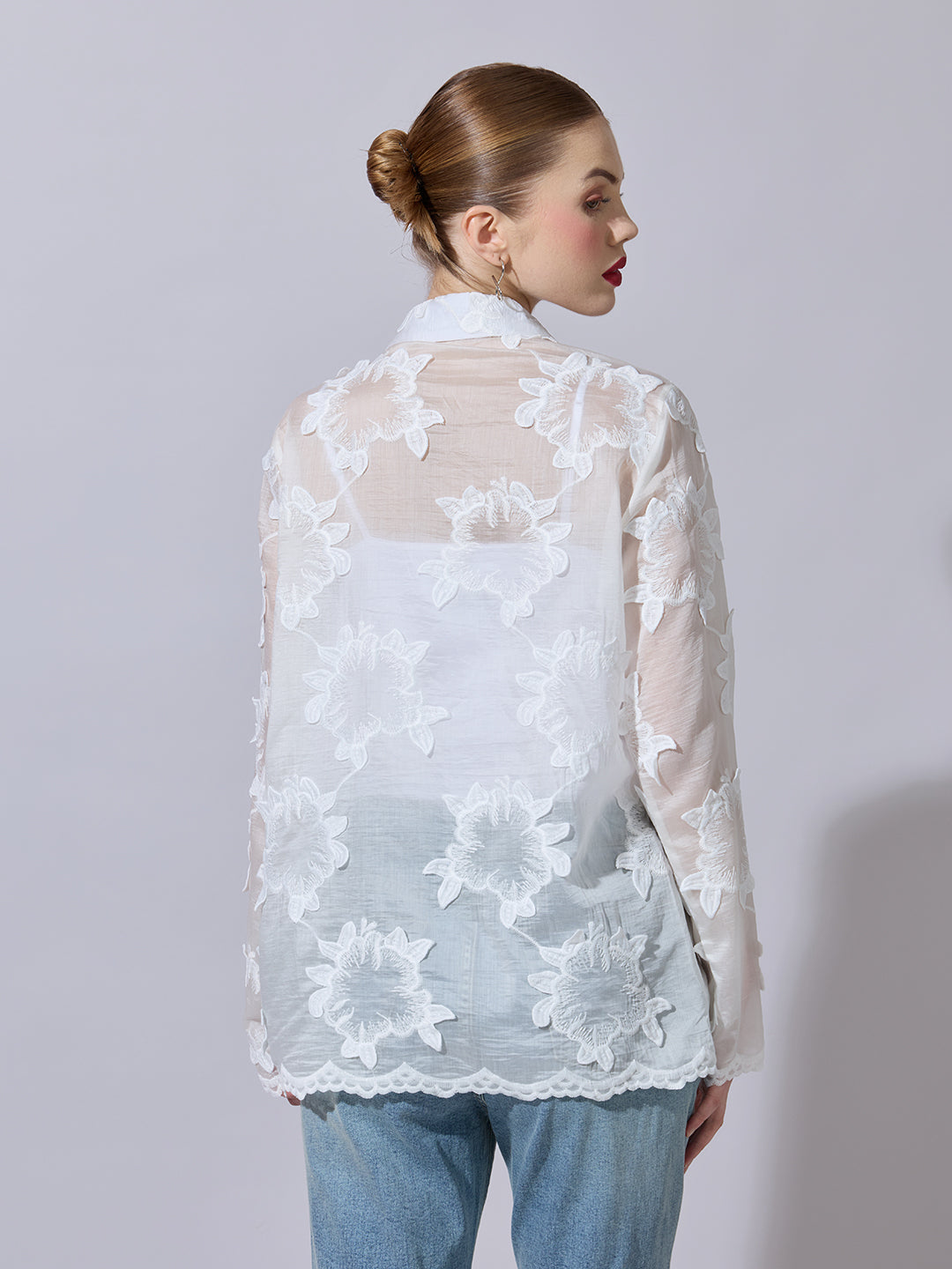 Women's Textured White Embroidered Shirt