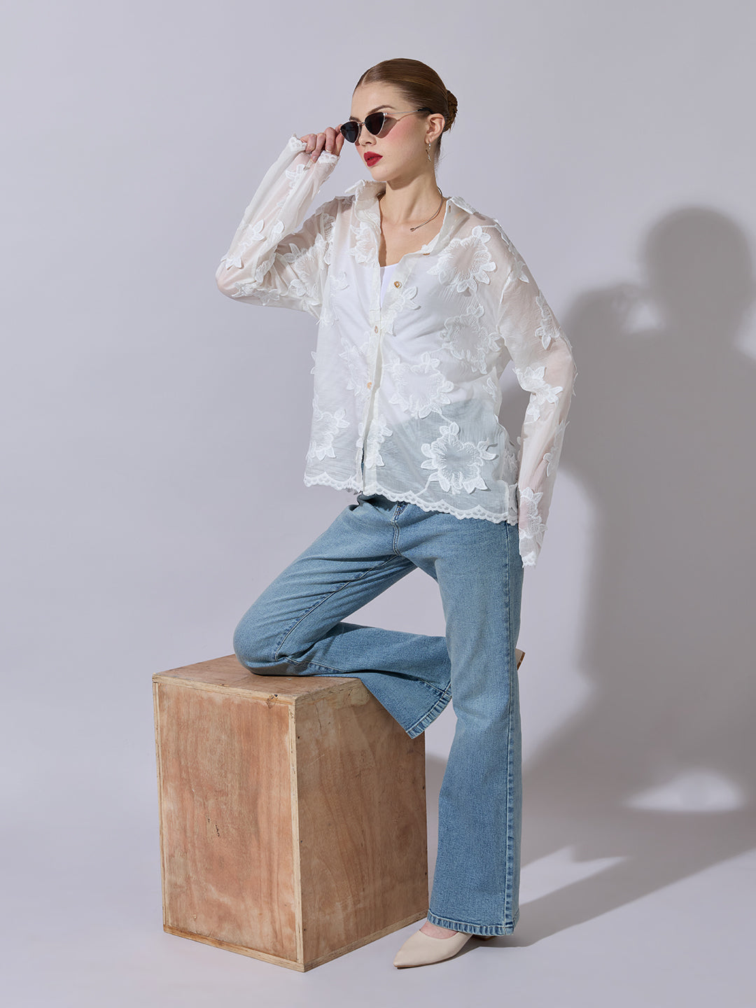 Women's Textured White Embroidered Shirt