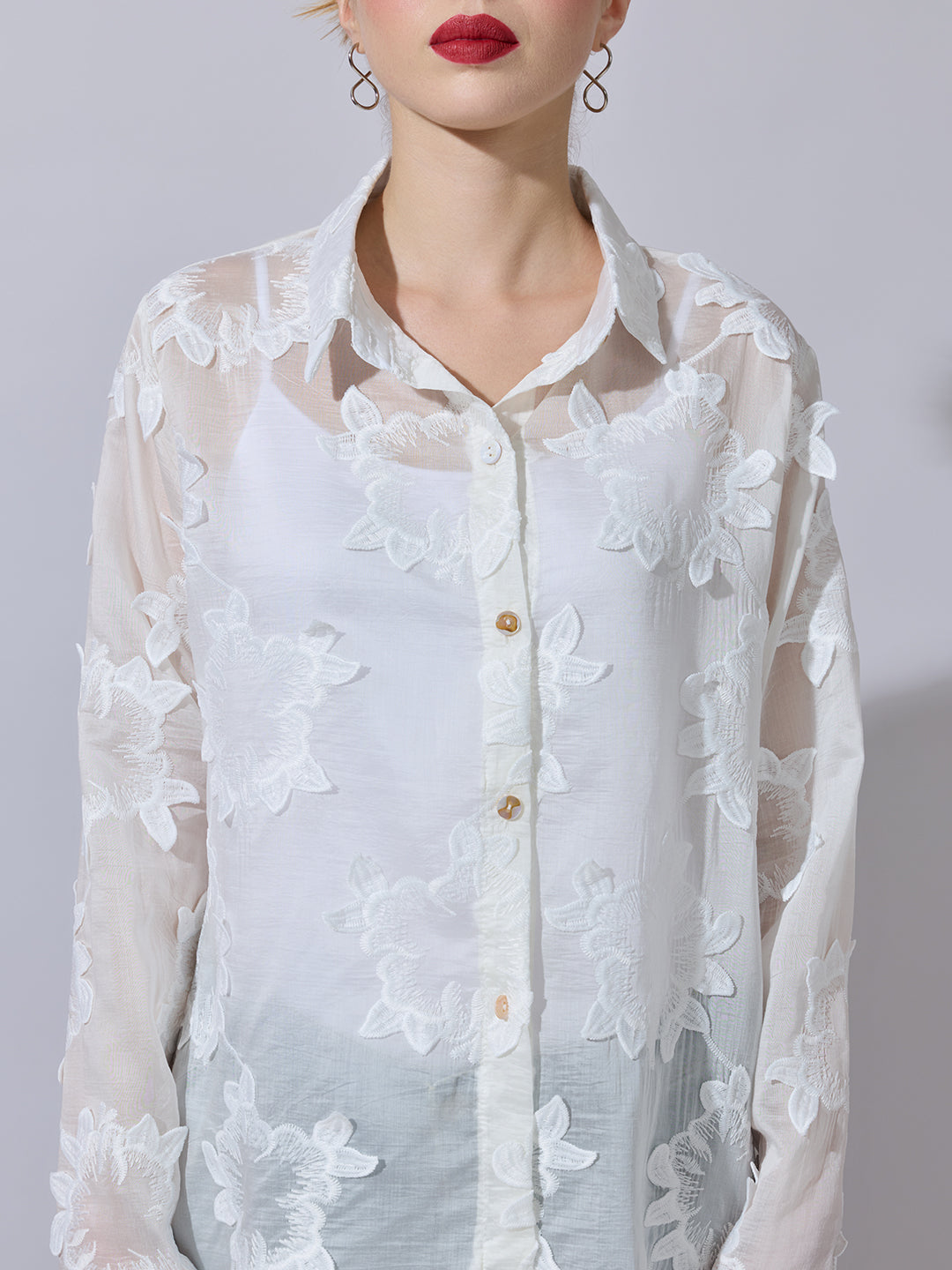 Women's Textured White Embroidered Shirt