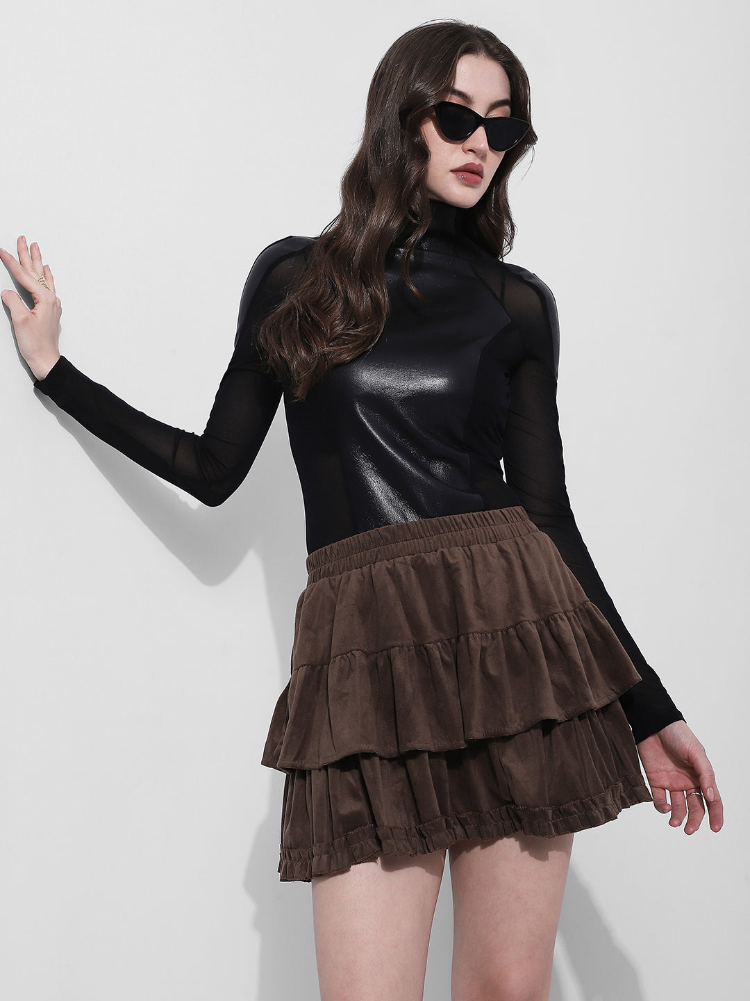 Women's Black Faux Leather Sheer Panel Mesh Top