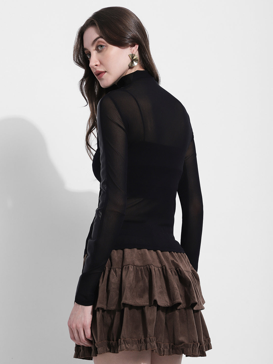 Women's Black Faux Leather Sheer Panel Mesh Top