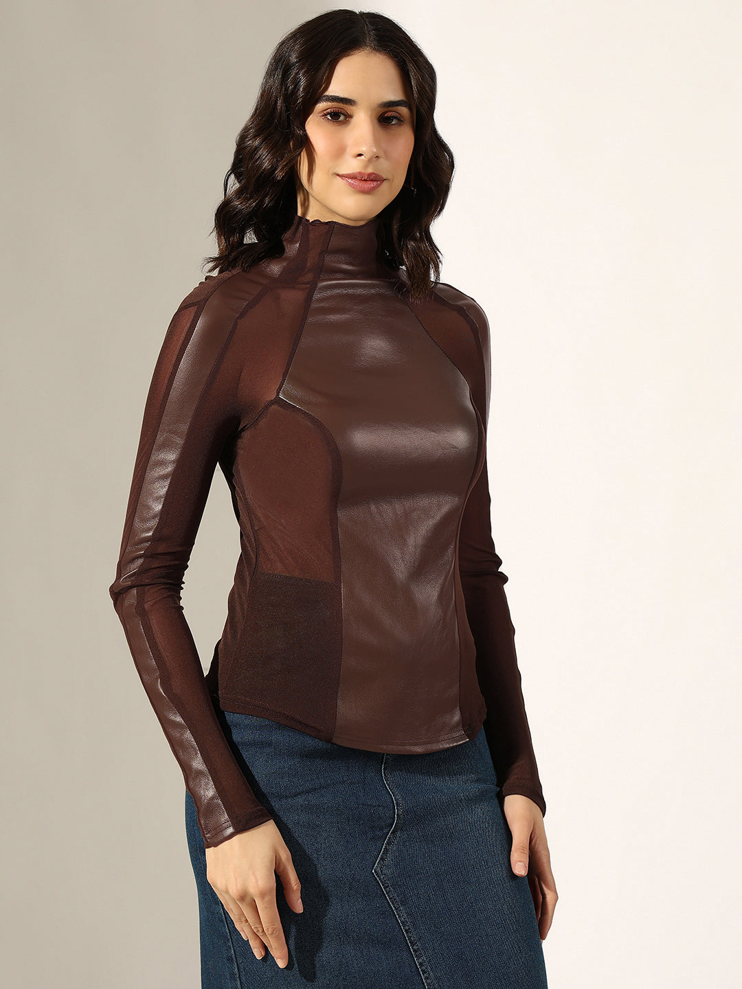 Women's Coffee Brown Faux Leather Sheer Panel Top