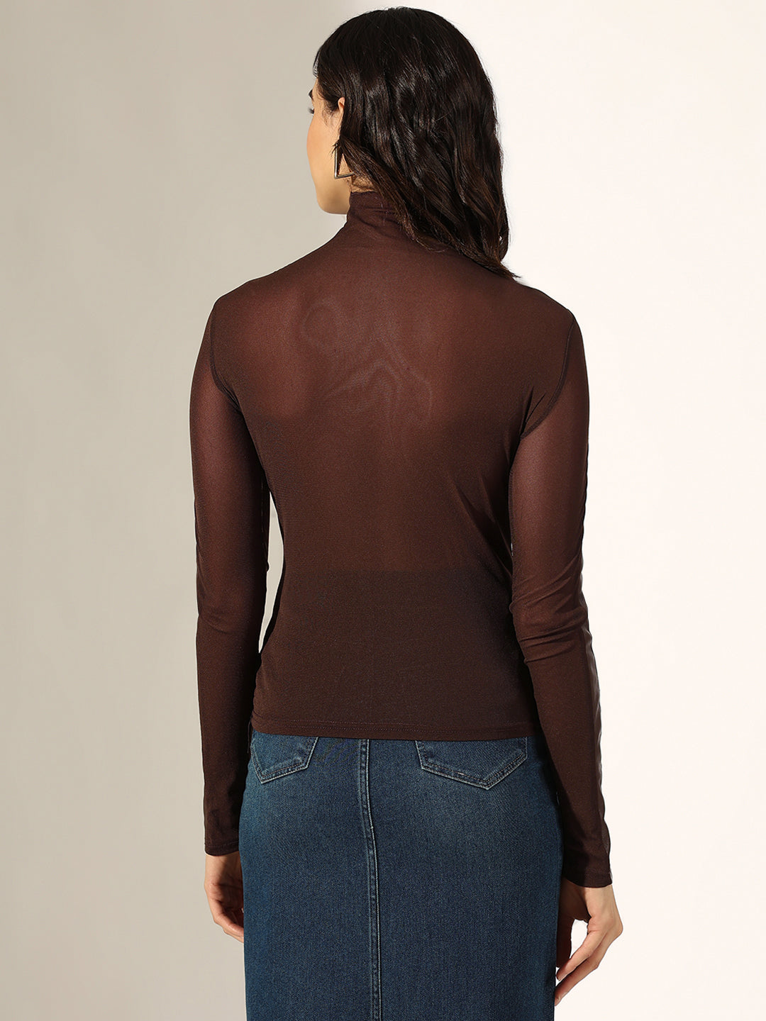 Women's Coffee Brown Faux Leather Sheer Panel Top