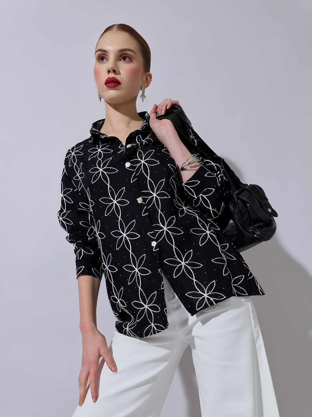 Women's Textured Black Embellished Shirt