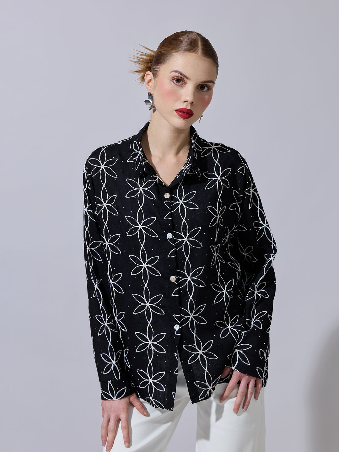 Women's Textured Black Embellished Shirt