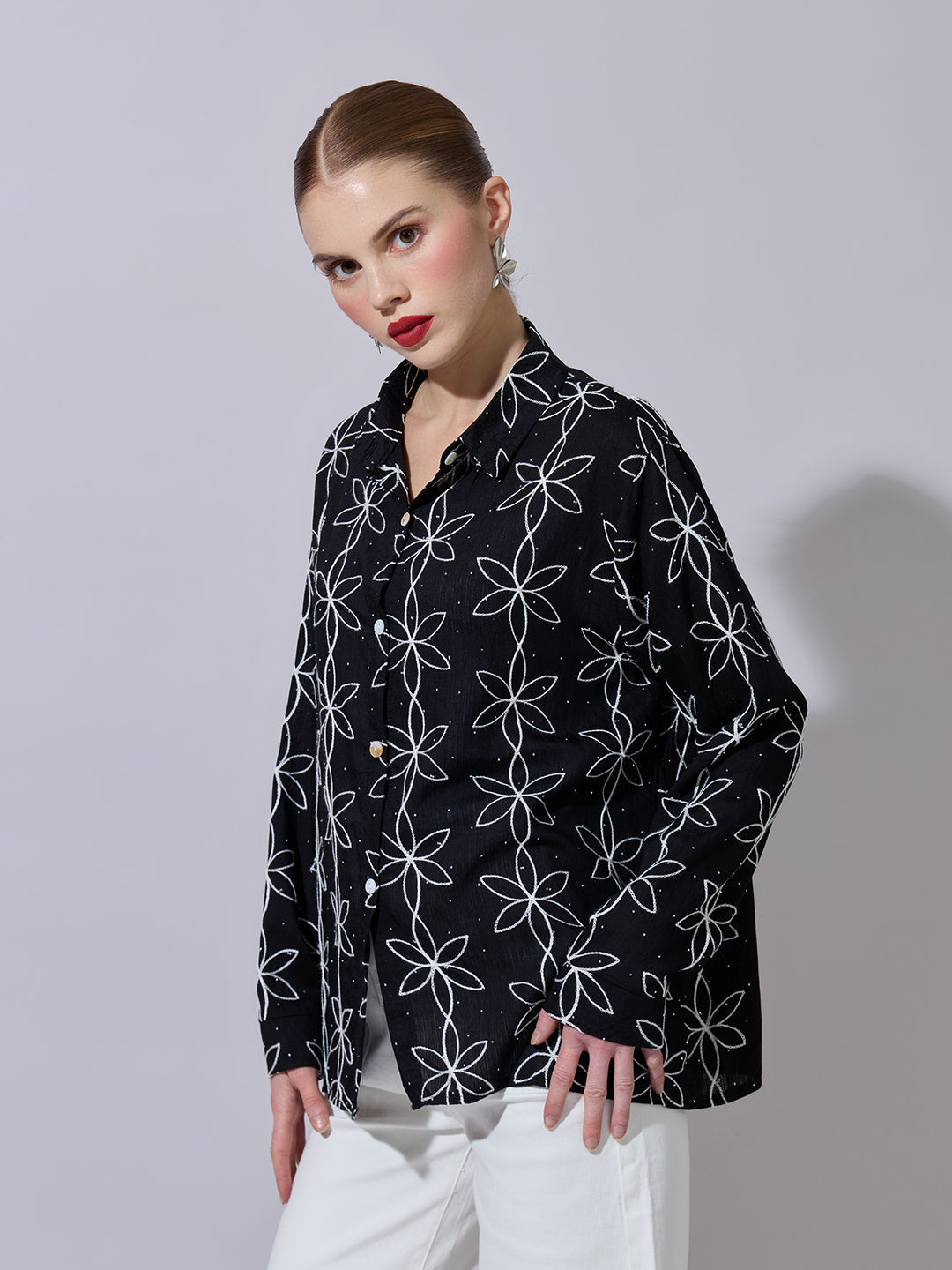 Women's Textured Black Embellished Shirt