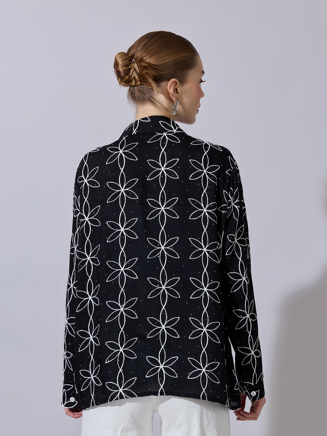 Women's Textured Black Embellished Shirt