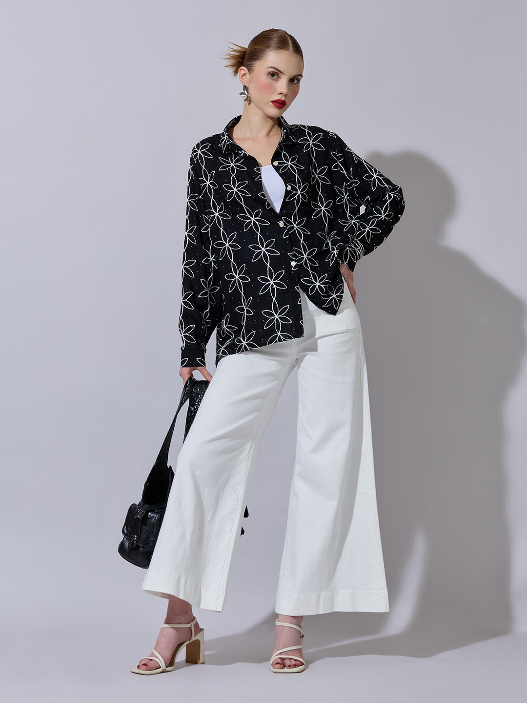 Women's Textured Black Embellished Shirt