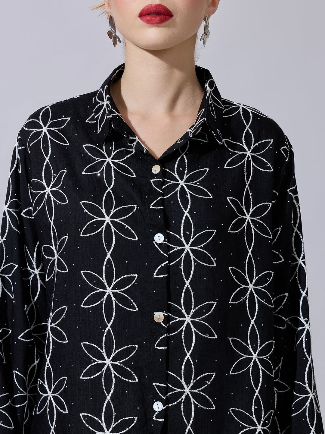 Women's Textured Black Embellished Shirt