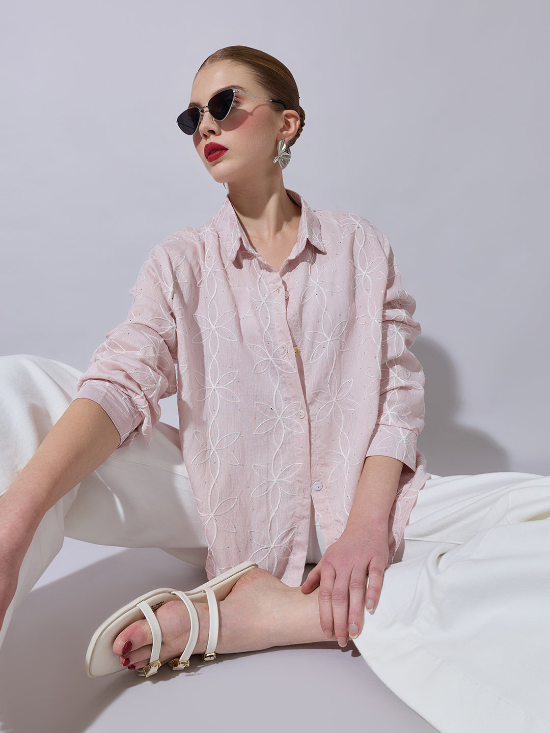 Women's Textured Pink Embellished Shirt