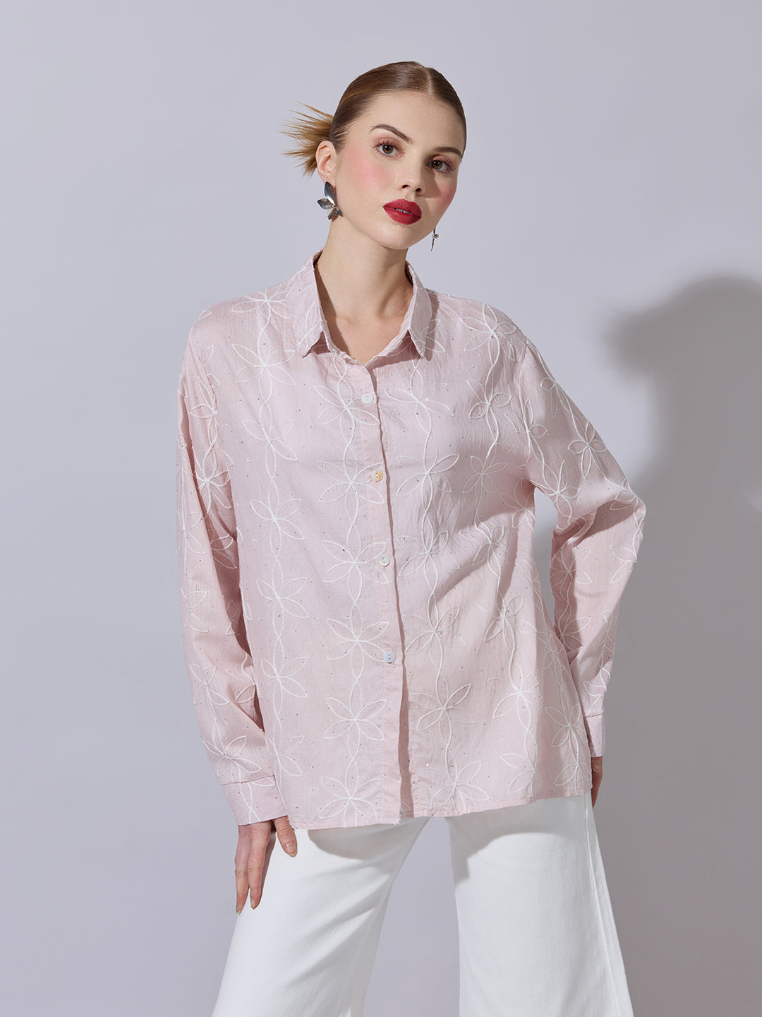 Women's Textured Pink Embellished Shirt