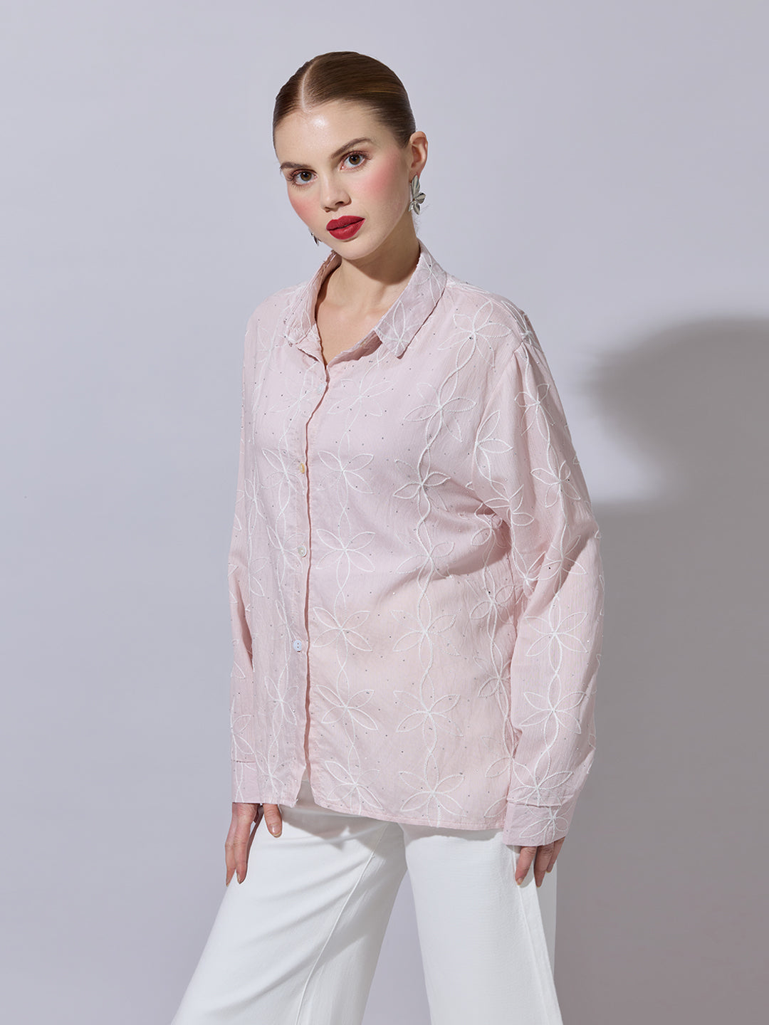 Women's Textured Pink Embellished Shirt