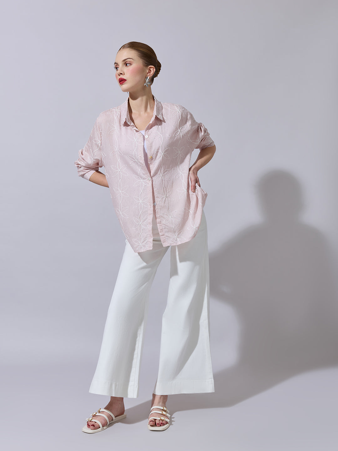 Women's Textured Pink Embellished Shirt
