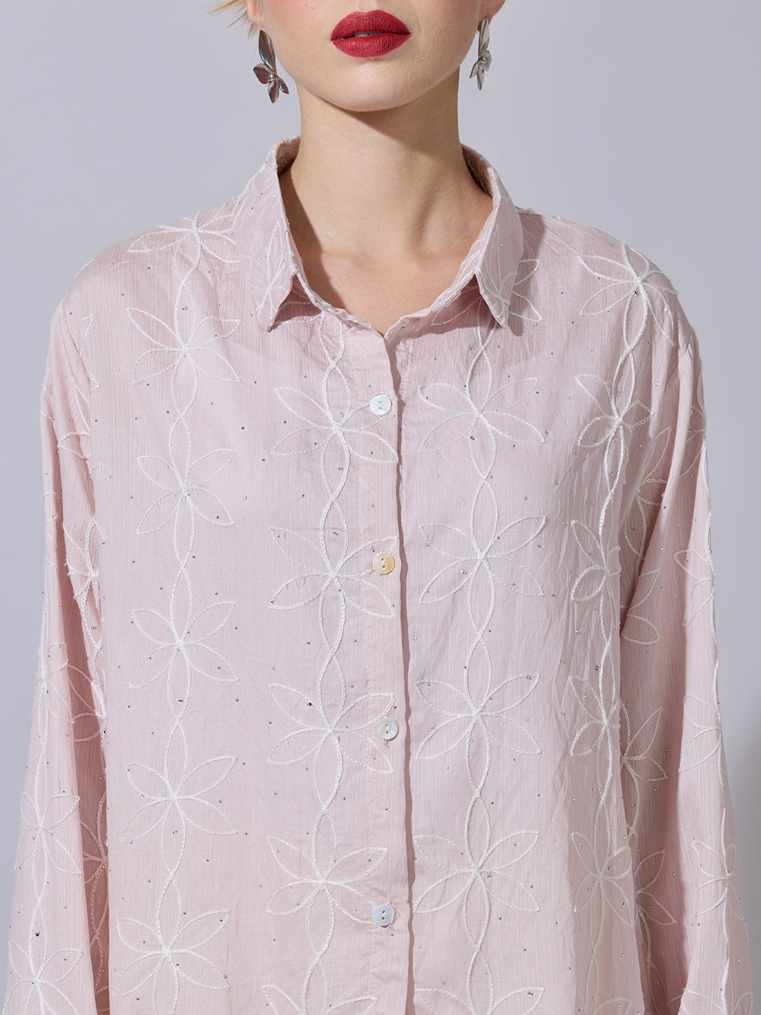 Women's Textured Pink Embellished Shirt
