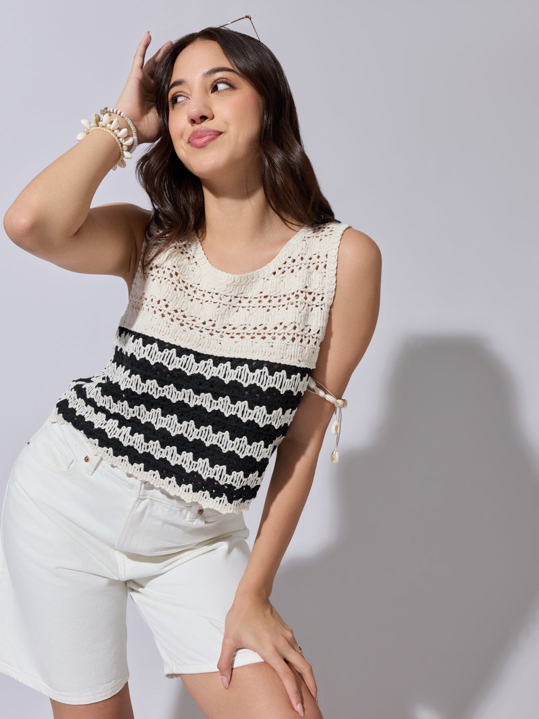 Women's Striped Cream Crochet Sleeveless Top