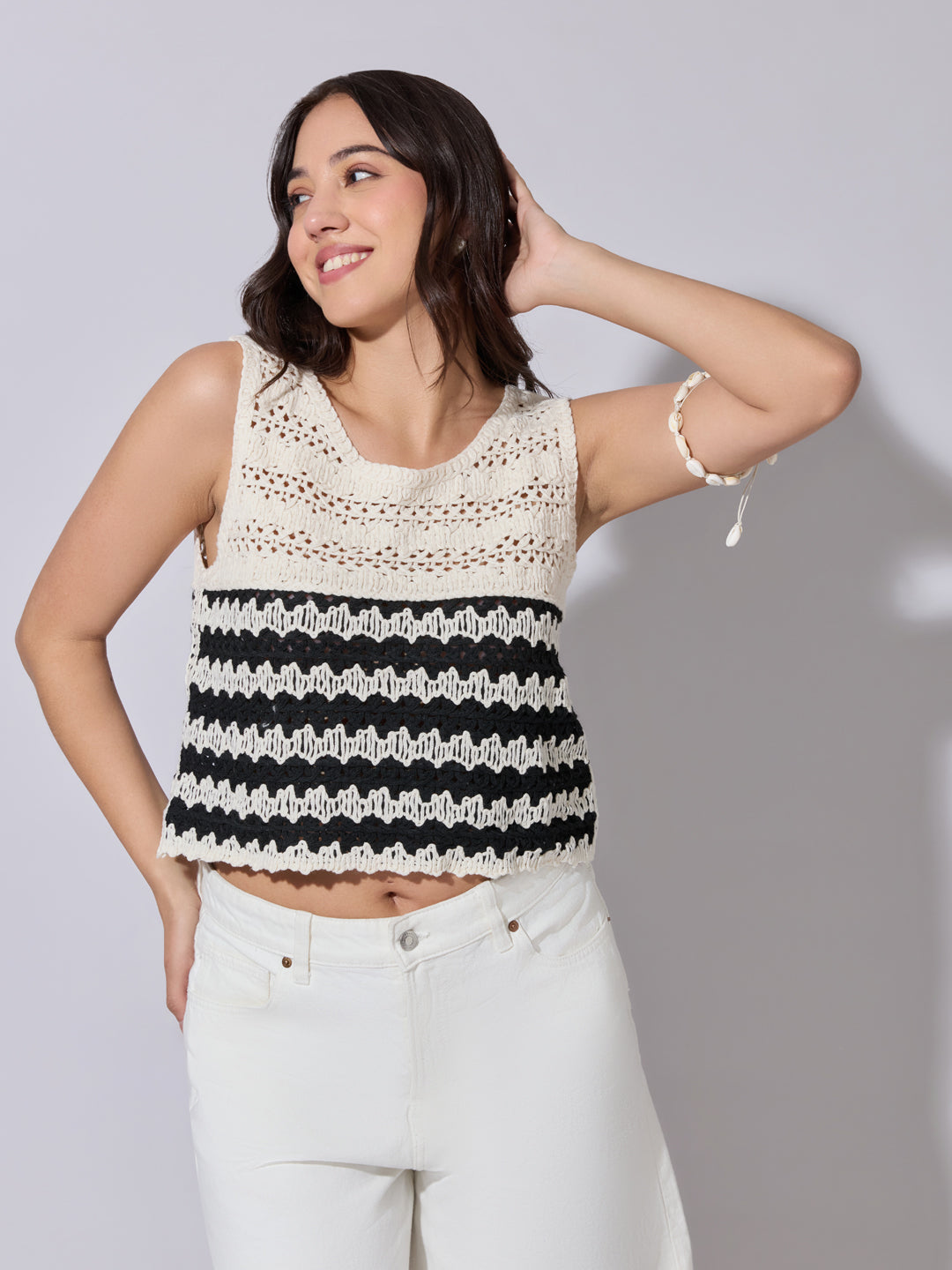 Women's Striped Cream Crochet Sleeveless Top