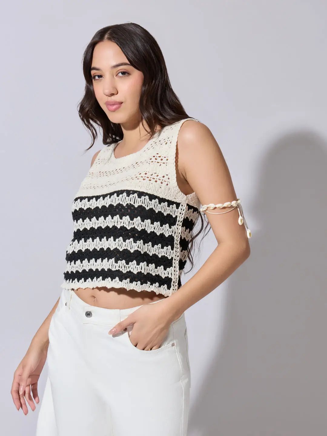 Women's Striped Cream Crochet Sleeveless Top