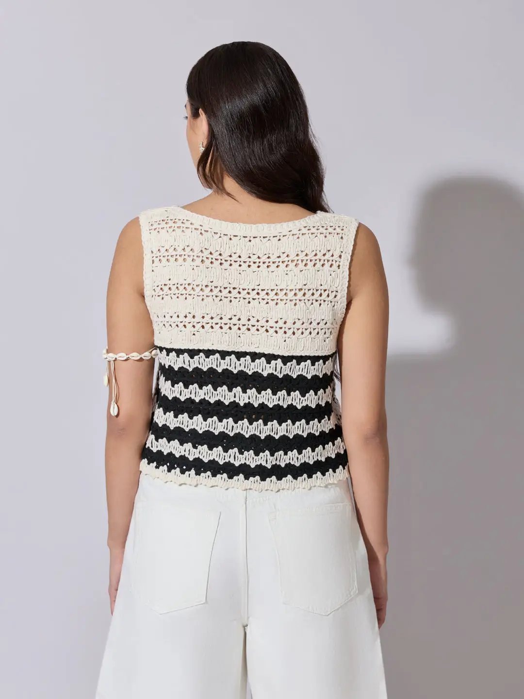 Women's Striped Cream Crochet Sleeveless Top