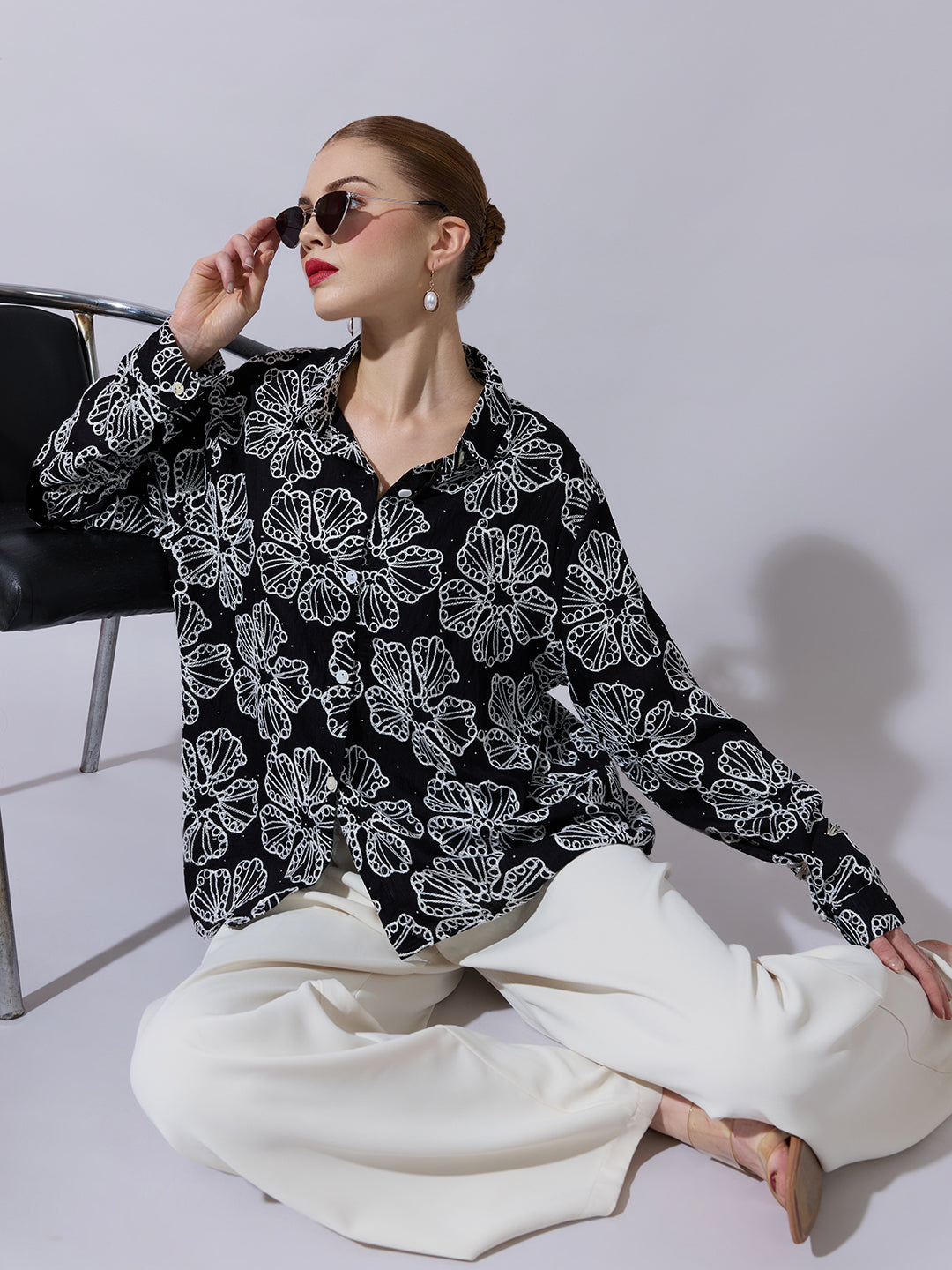 Women's Textured Black Embellished Shirt