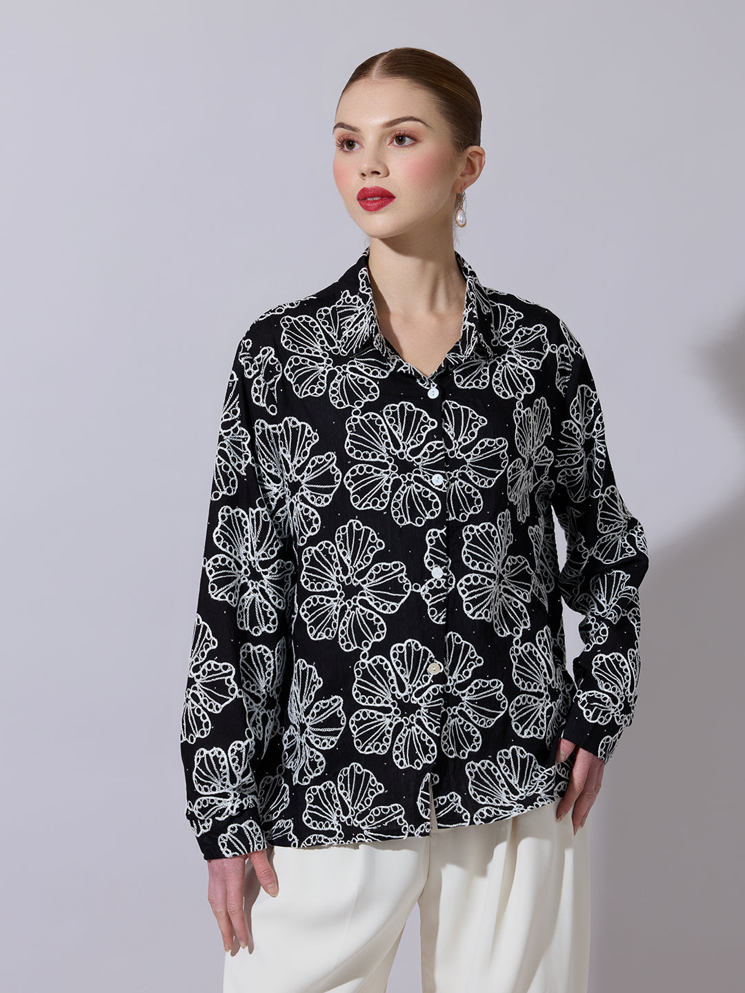 Women's Textured Black Embellished Shirt