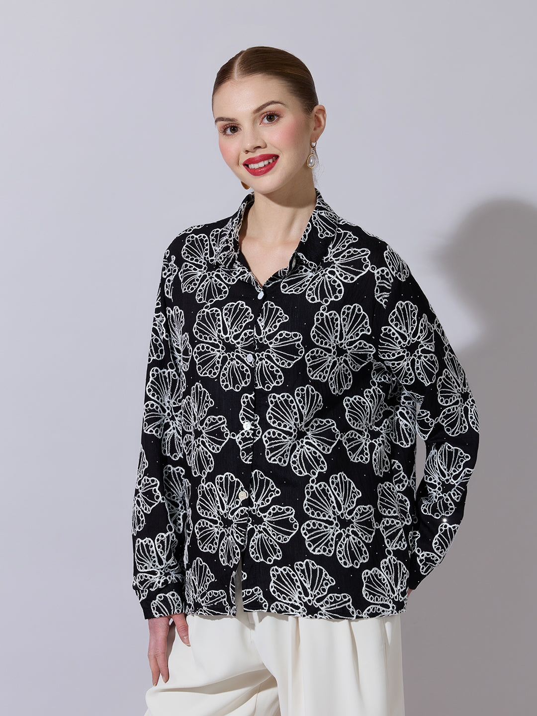 Women's Textured Black Embellished Shirt