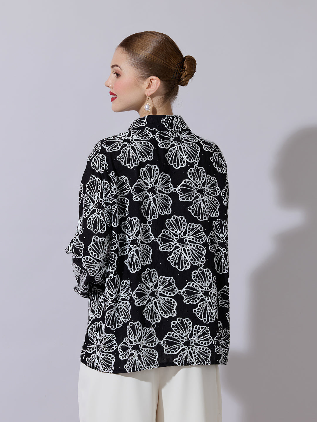 Women's Textured Black Embellished Shirt