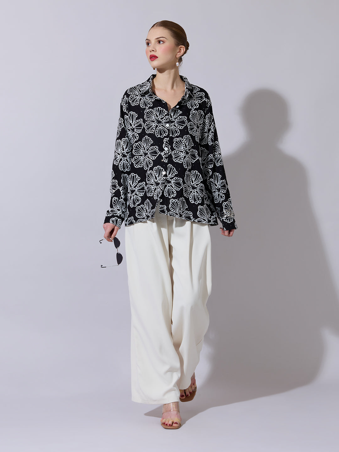 Women's Textured Black Embellished Shirt