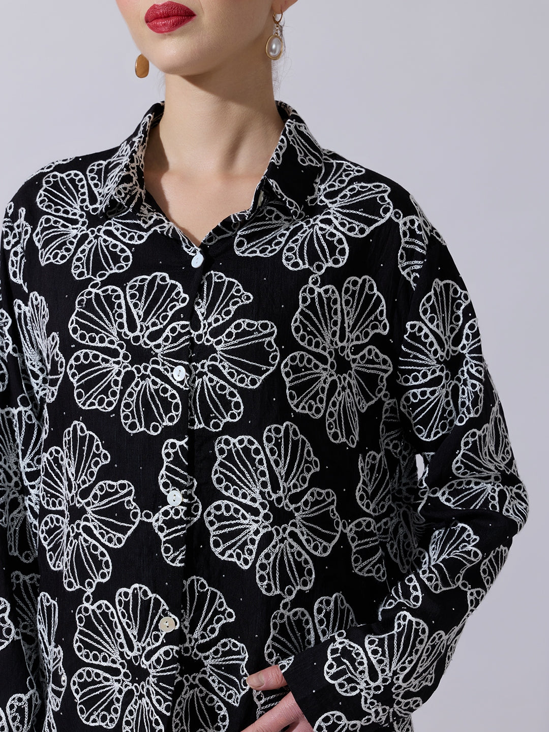 Women's Textured Black Embellished Shirt