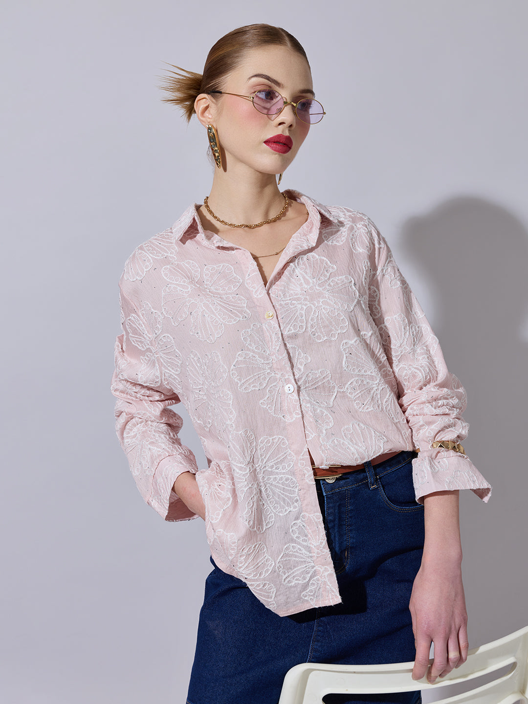 Women's Textured Pink Embellished Shirt