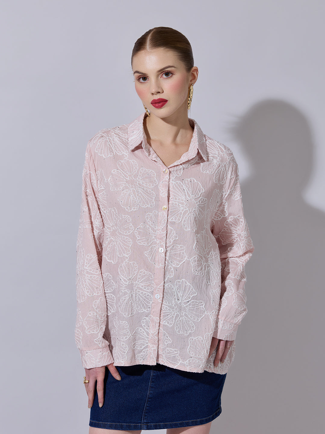 Women's Textured Pink Embellished Shirt