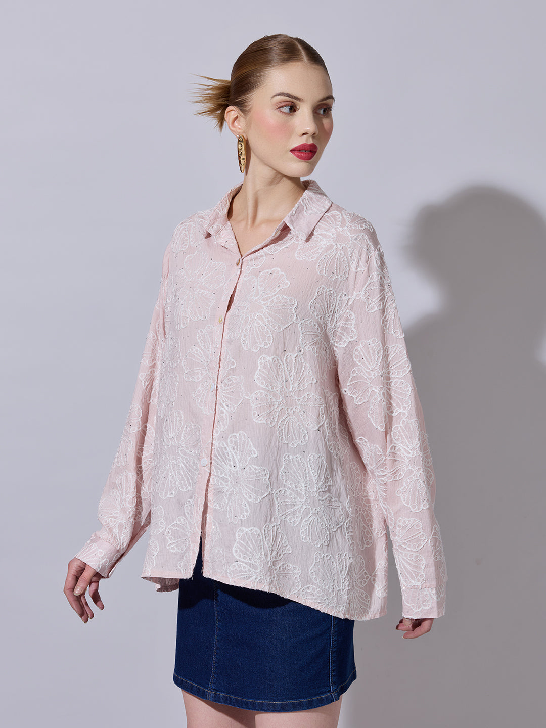 Women's Textured Pink Embellished Shirt